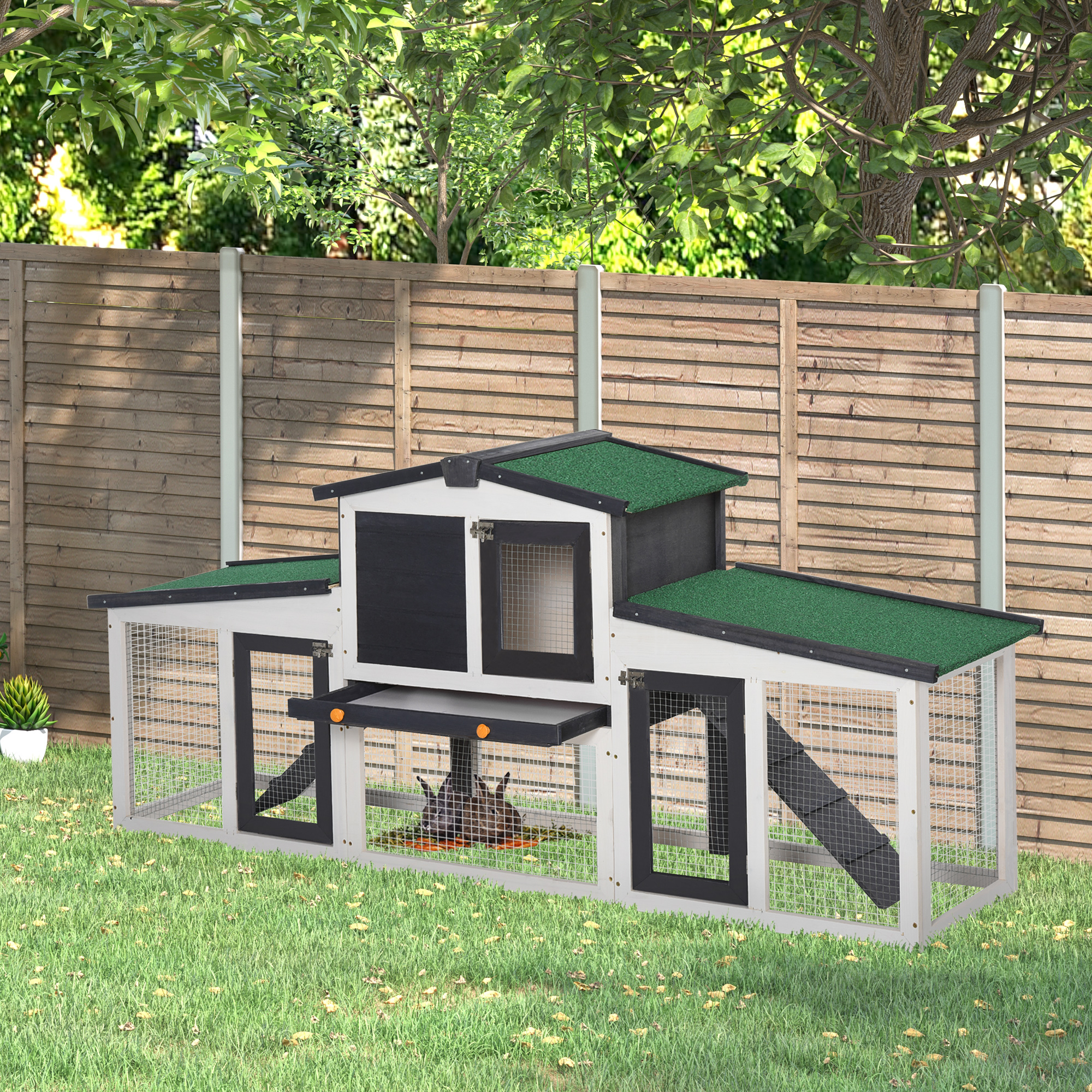 Image of 2-tier Rabbit Hutch, 204 X 45 X 80 Cm Wooden Rabbit Cage With Roof, Run Area, Ramp, Lockable Doors, Outdoor Dark Gray + White, For Dwarf Rabbits