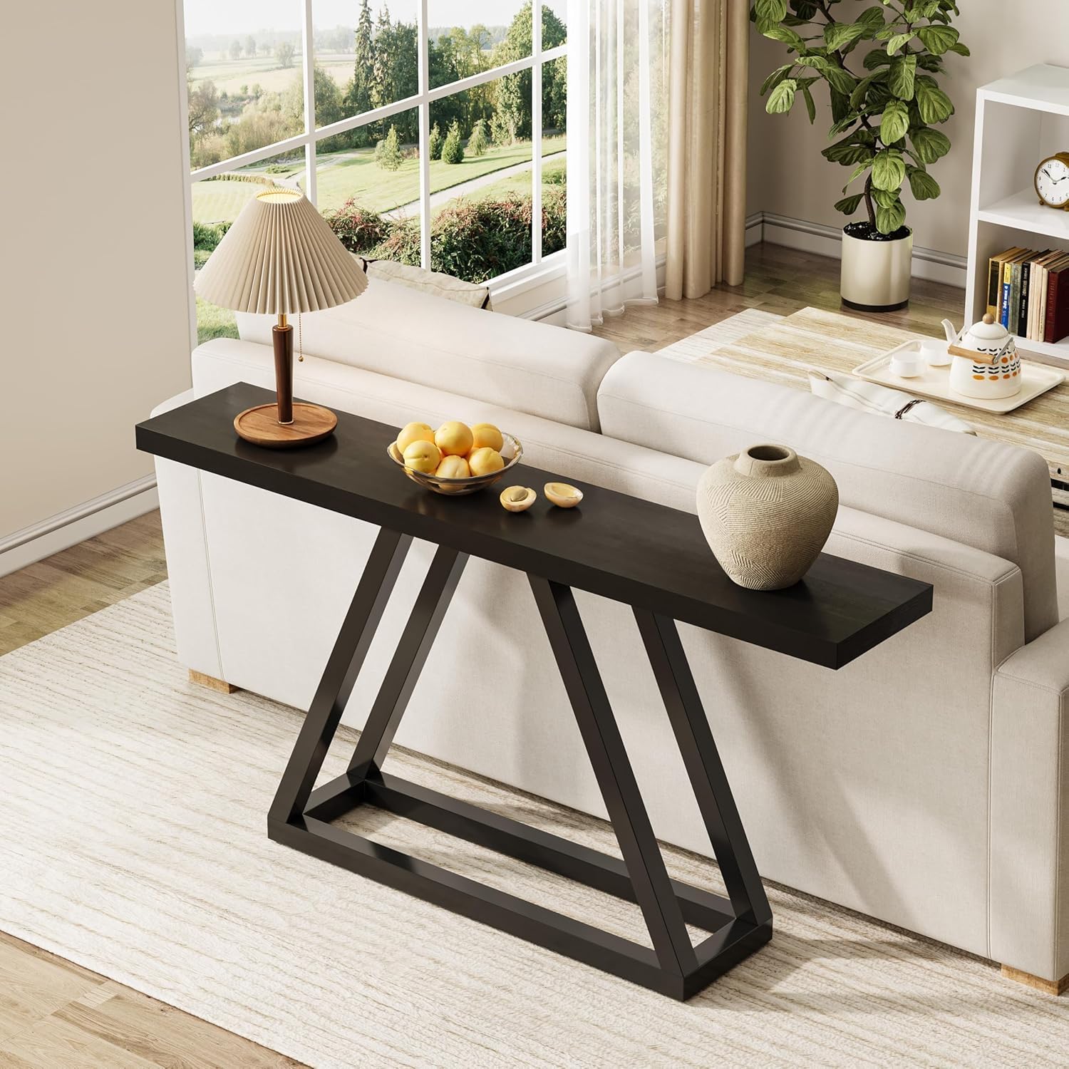 Image of Console Table, 160 Cm Narrow Sofa Table Behind The Couch, Modern Wooden Entryway Table, Industrial Hallway Foyer Table For Living Room, Entryway, Black