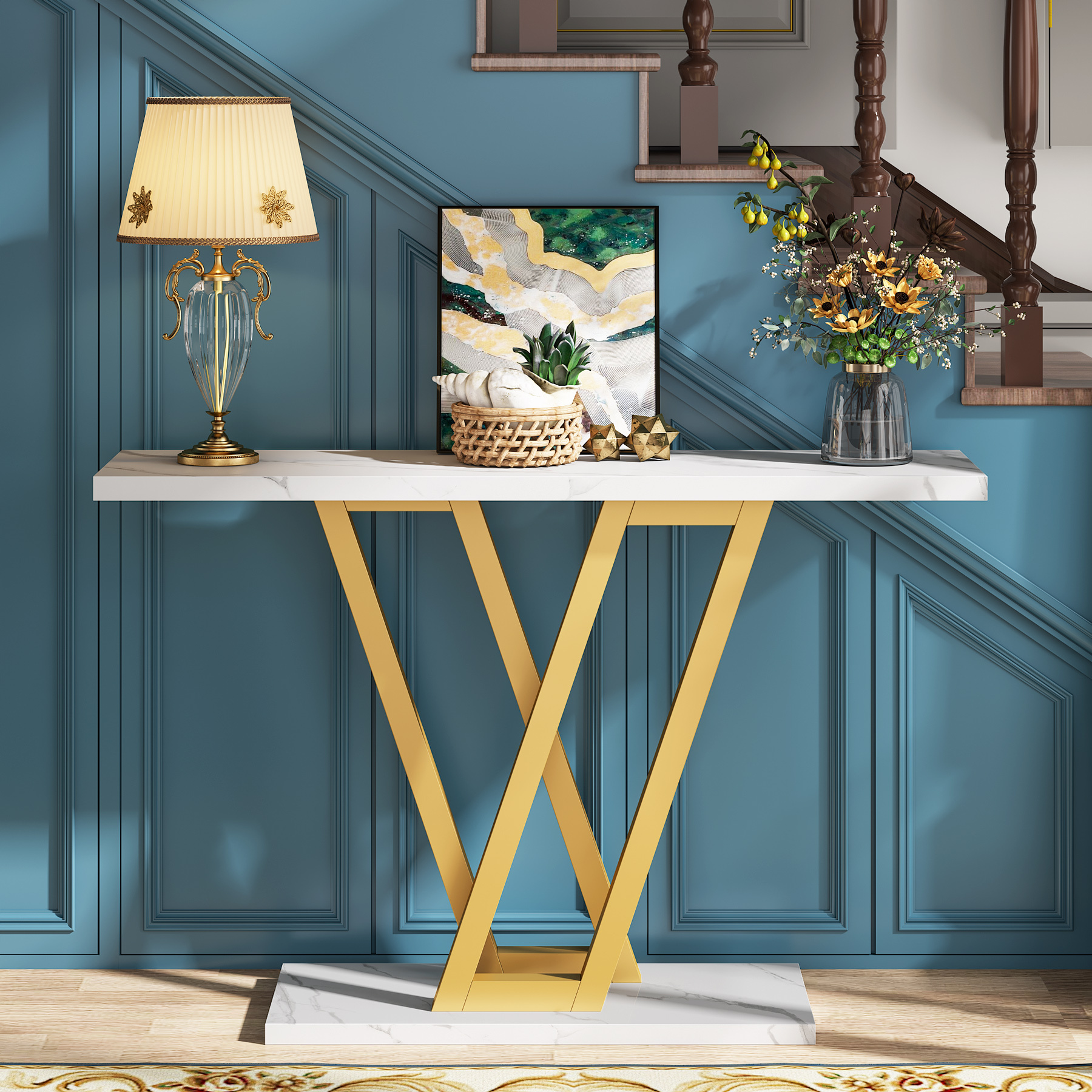 Image of Console Table, Industrial Hall Table For Entryway, 110 Cm Entry Tables Narrow Sofa Table Side Table For Living Room, Sturdy Metal Frame & Easy Assembly