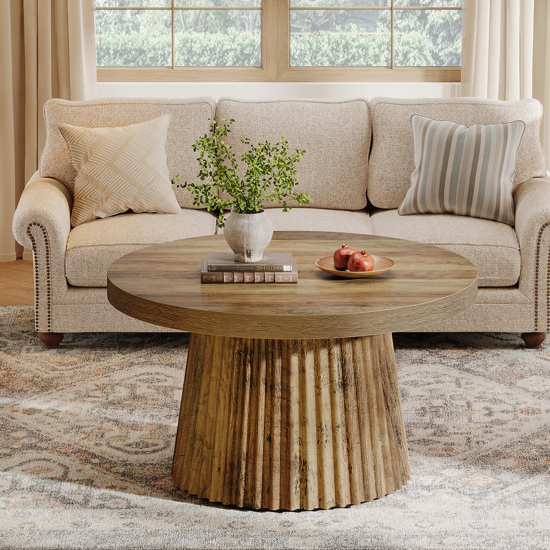 Farmhouse Round Coffee Table, 80 Cm Modern Living Room Table With Ribbed Drum Base & Wood Look, Minimalist Accent Center Table For Living Room, Apartment, Small Spaces, Brown
