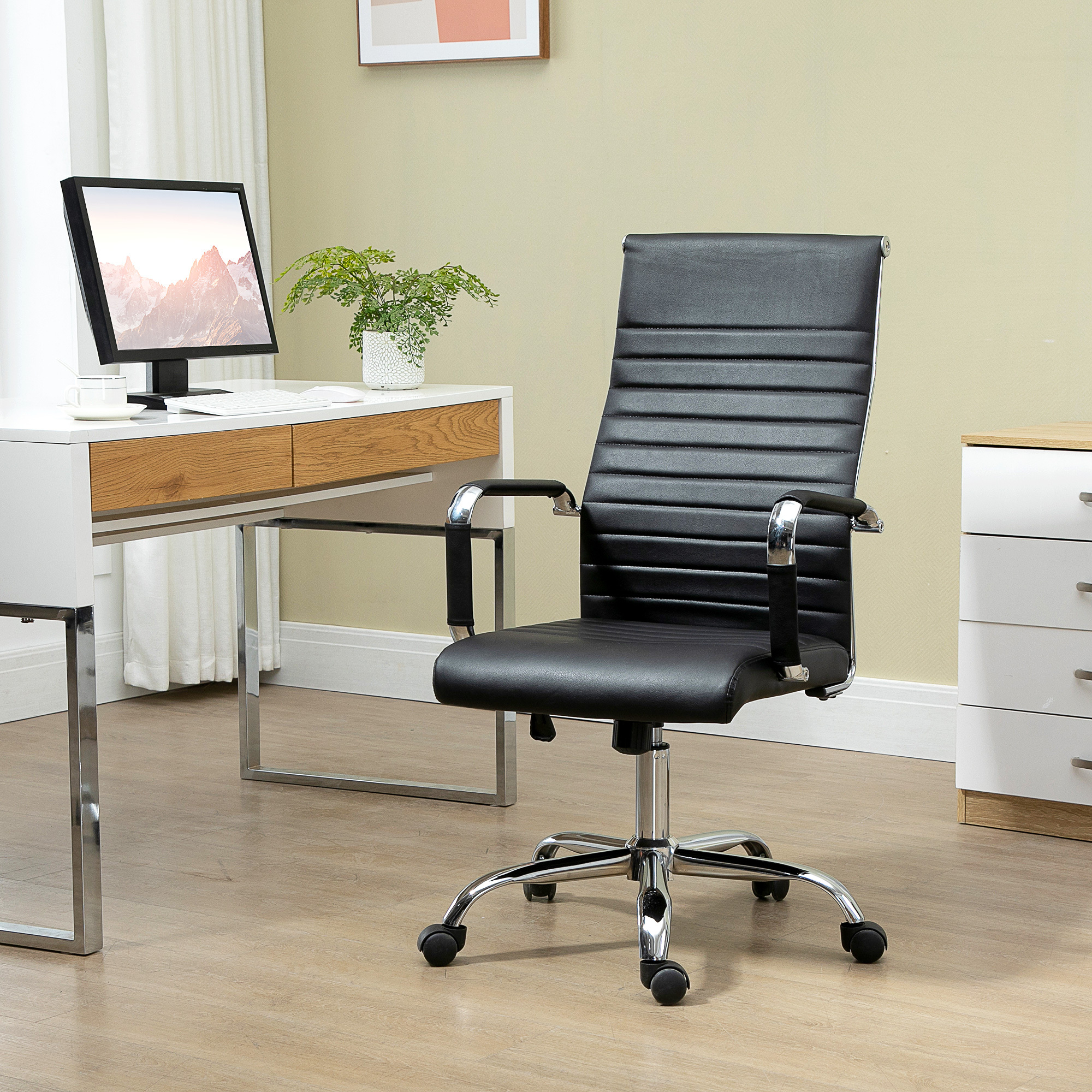 Image of Ergonomic Office Chair With Armrests, Height-adjustable Swivel Chair With Rocking Function, Faux Leather, Padded Computer Chair, White