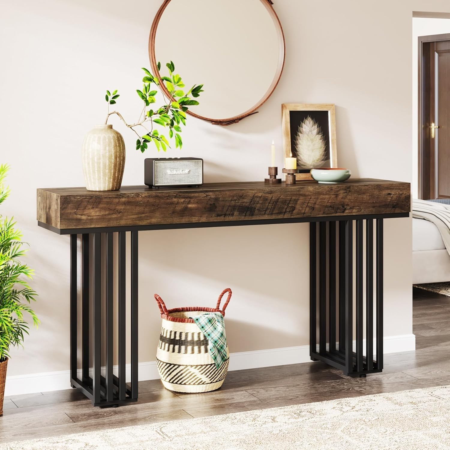 E-shop Modernes Schmales Konsolentisch, Eingangstisch, Schmaler Tisch mit Eleganter Metallrahmen im Industriestil, Holz Vintage Konsolentisch für