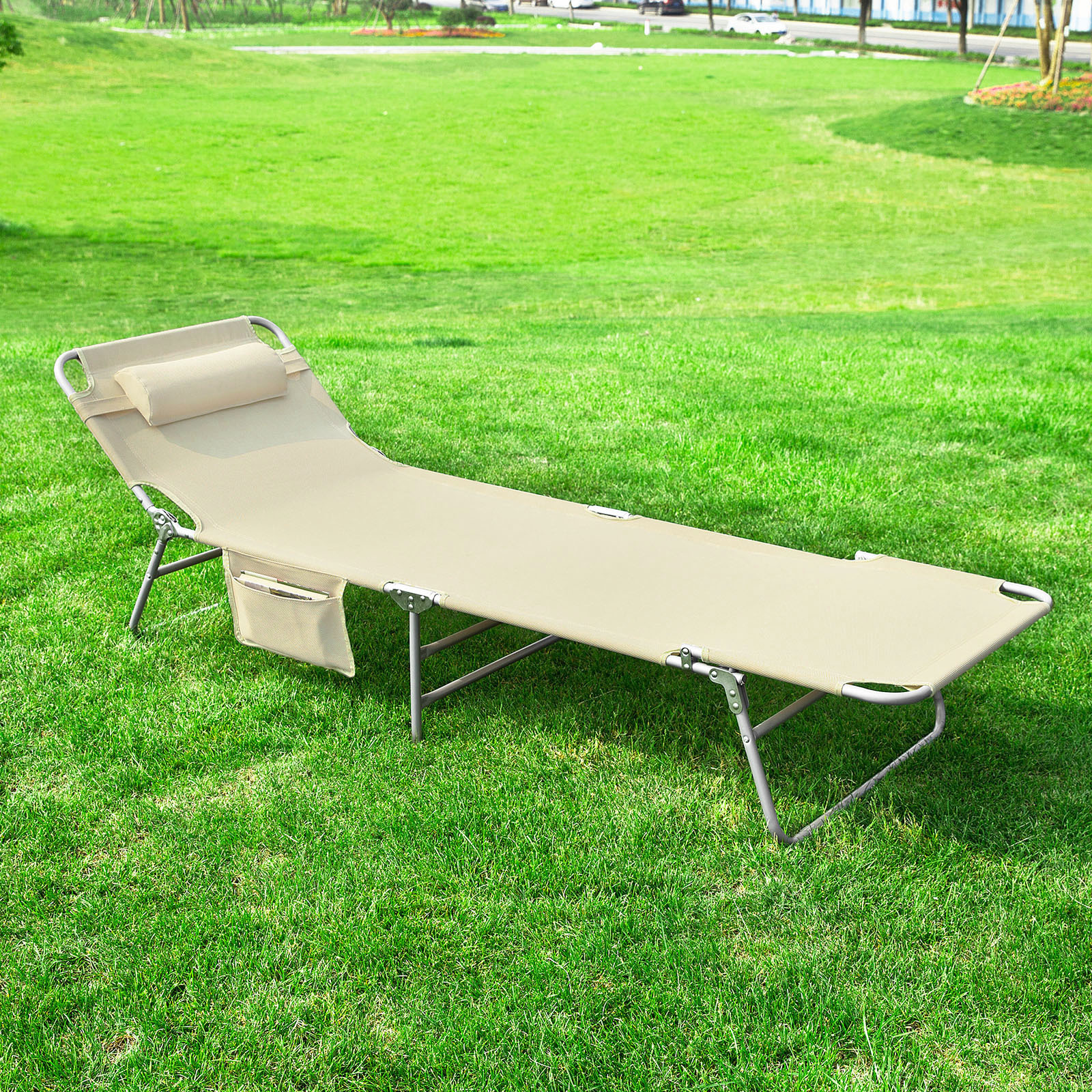TEMU Fauteuil de plage pliant avec inclinable, appui-tête et poche latérale, chaise de relaxation pour balcon, jardin, terrasse, camping, beige