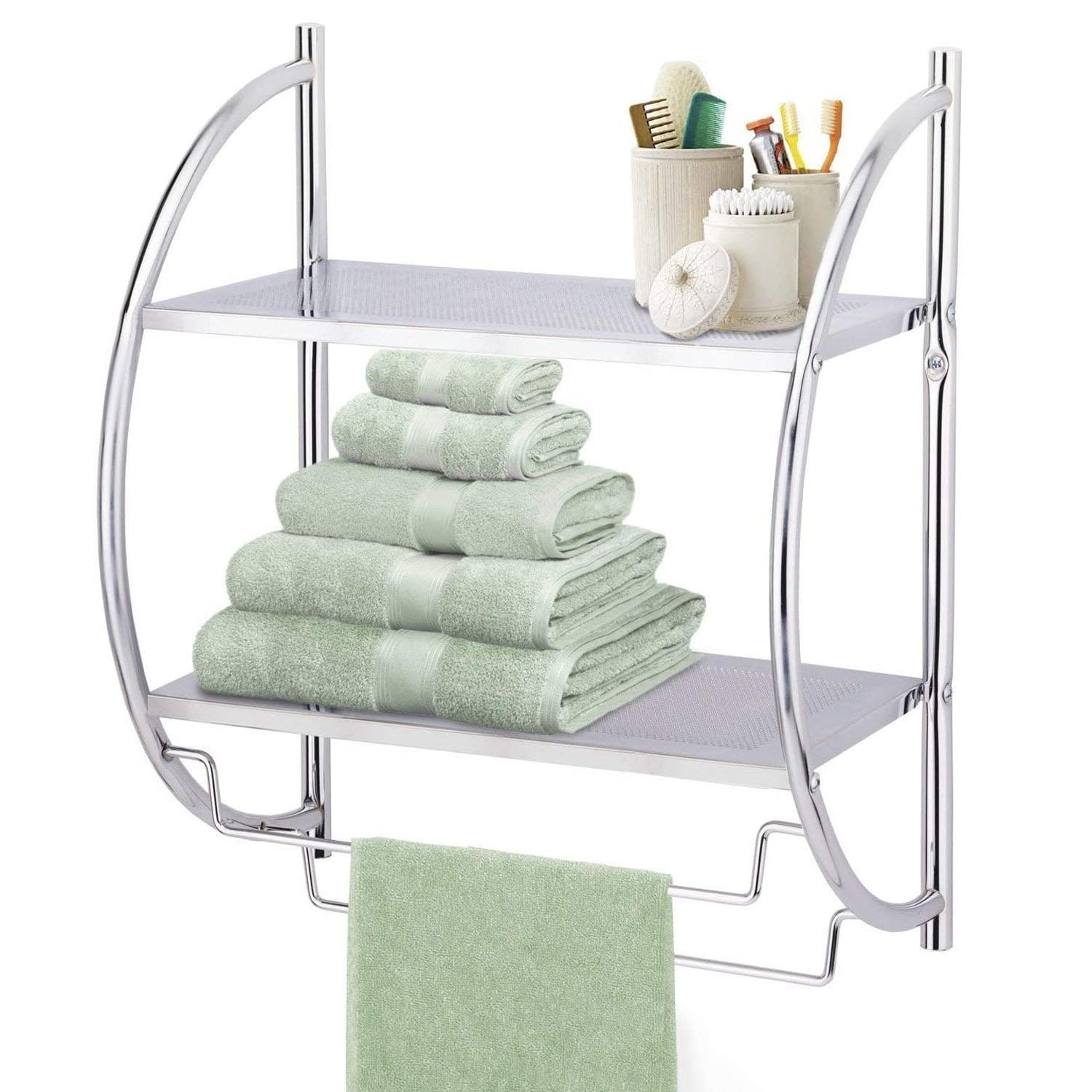 TEMU 2 Tier Modern Chrome Wall Mounted Curved Bathroom Shelf, Sleek Shelving Unit For Storage, Double Towel Holder With Rail Rack, Space-saving