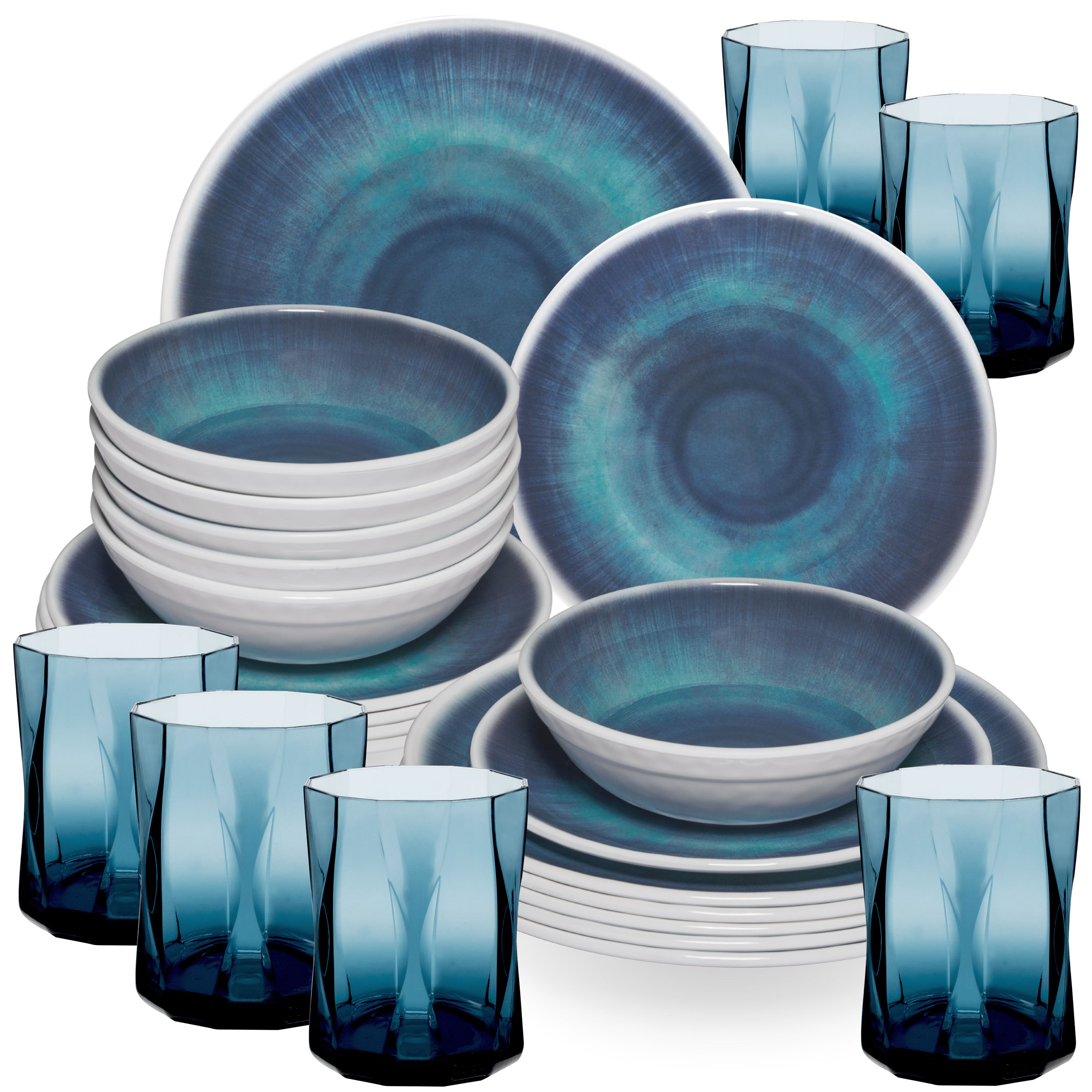 Melamine Dinnerware Set Blue For 6 People - 24 Pieces - With Matching 300ml Acrylic Drinking Glasses - Camping Tableware Set, Modern Colorful Melamine Dinnerware