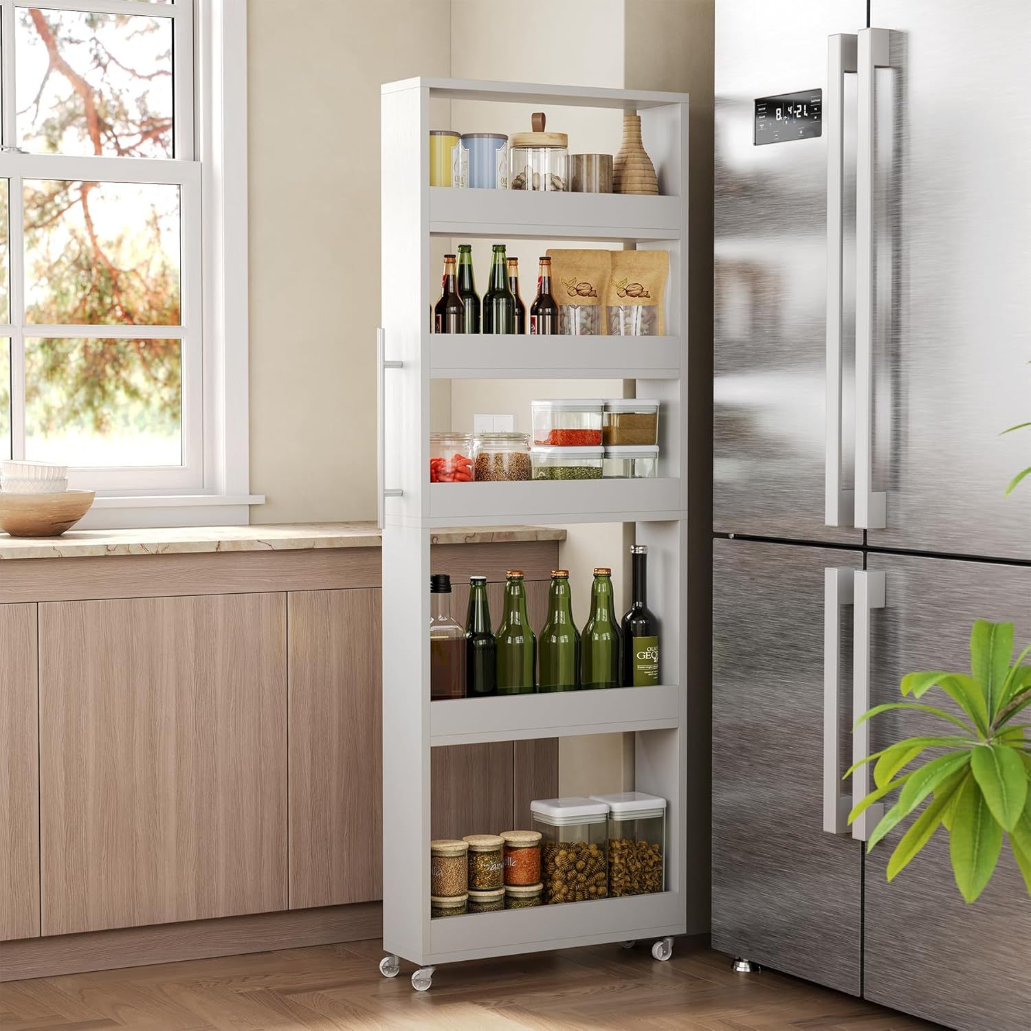 Image of Rolling Kitchen Cart With 5 Tiers, Narrow, With Wheels And Metal Handle, Shelf And Niche Shelf, Serving Cart In Wood Look, White, 55 X 15 X 160 Cm, For Kitchen, Dining Room, And Small Spaces