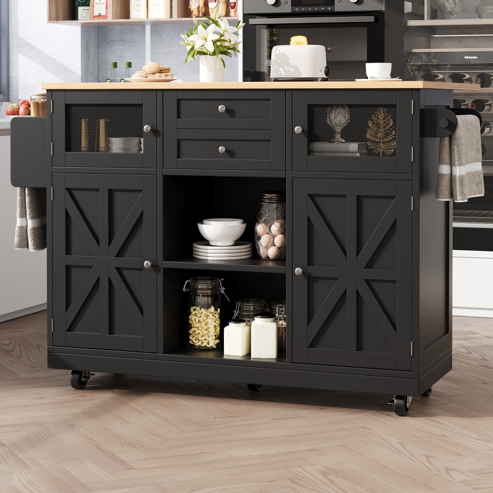 Image of Multifunctional Kitchen Cart In Black With Foldable Worktop, Serving Cart 140x40-70x93.5 Cm With Wheels, 2 Drawers, And Metal Shelves For Kitchen, Dining Area, And Living Room