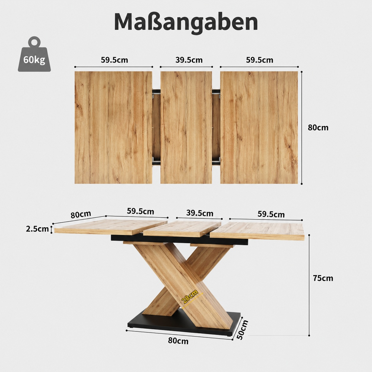 Image of Extendable Dining Table With Vintage Design, Wood Look, X-legs, Space-, Supports Up To 60kg, Fits 6-8 People (119-158.5×80cm)