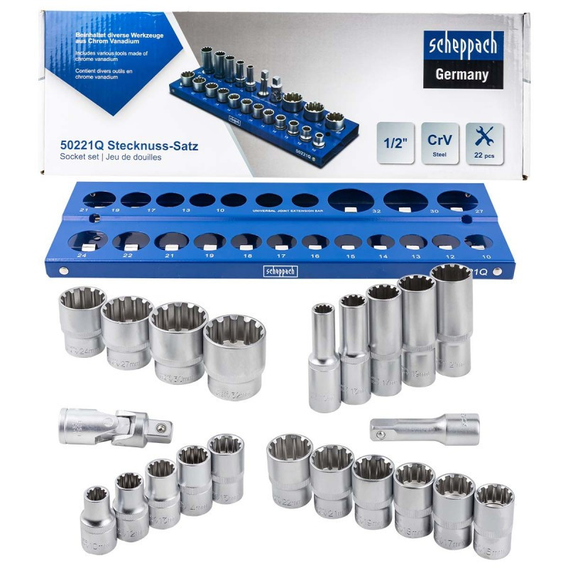 Set Of 10-32 Socket Inserts, 12-angle + Long 1/2, 22 Elements Organizer