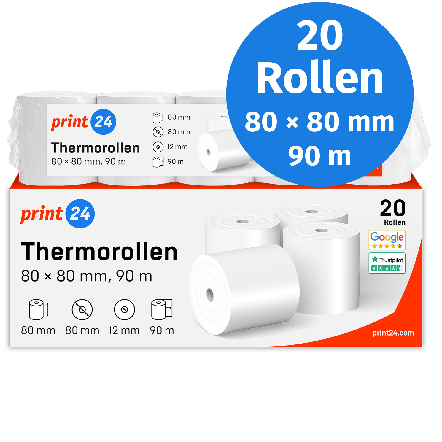 New: Thermal Rolls, 20 Rolls, 80mm X 80mm X 12mm, 90m, Test Winner, Pefc Certified, , Ibm, And More