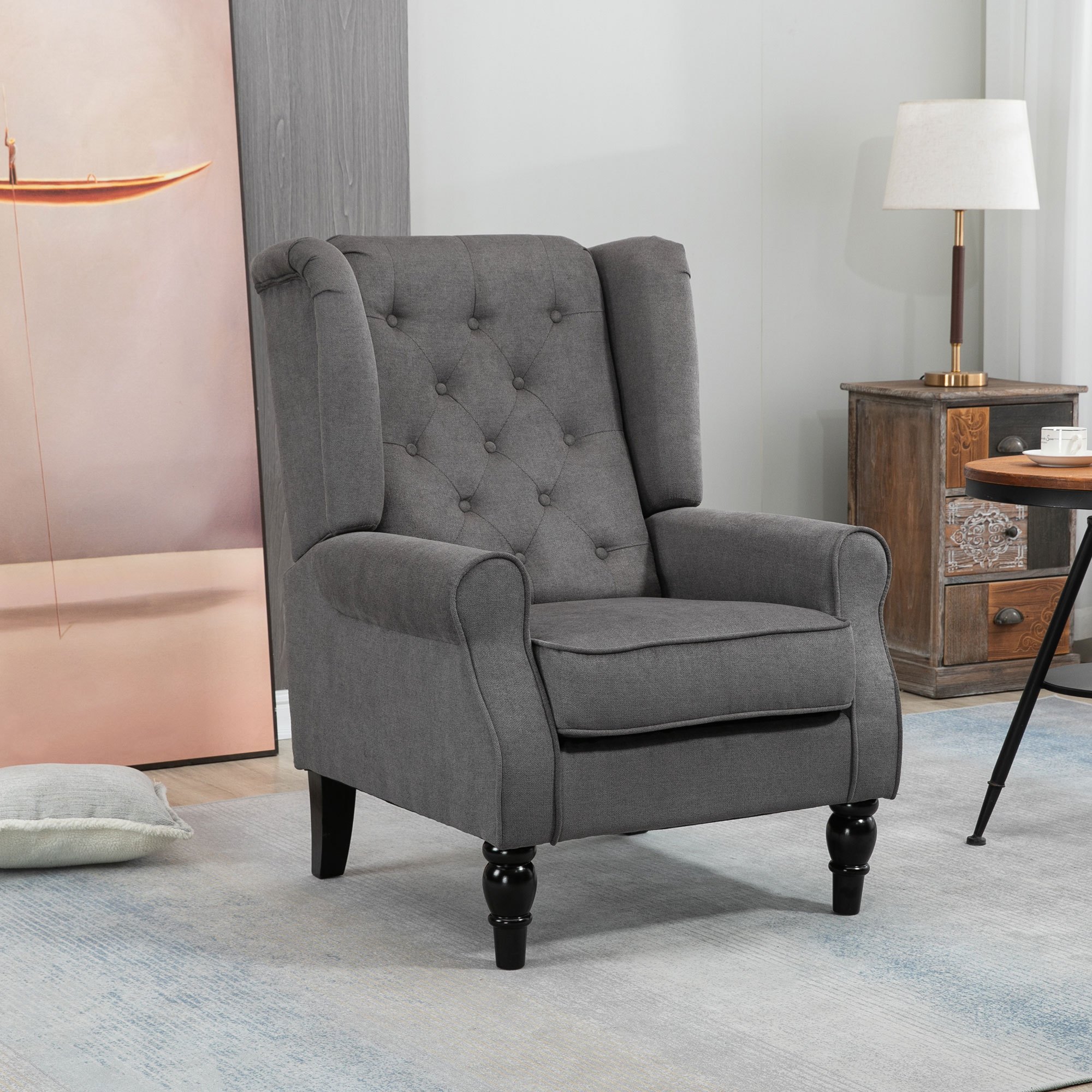 Image of Armchair With Armrests, Lounge Chair With Cushions, Tufting, High Backrest Armchair With Wooden Legs, Relaxation Chair For Living Room, Bedroom, Dark Grey