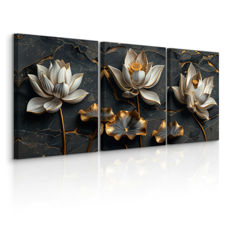Image of Set Of 3 Canvas Wall Art, Wall Decor For Living Room, Bedroom, Abstract White Lotus Flowers, Style, Wooden Frame
