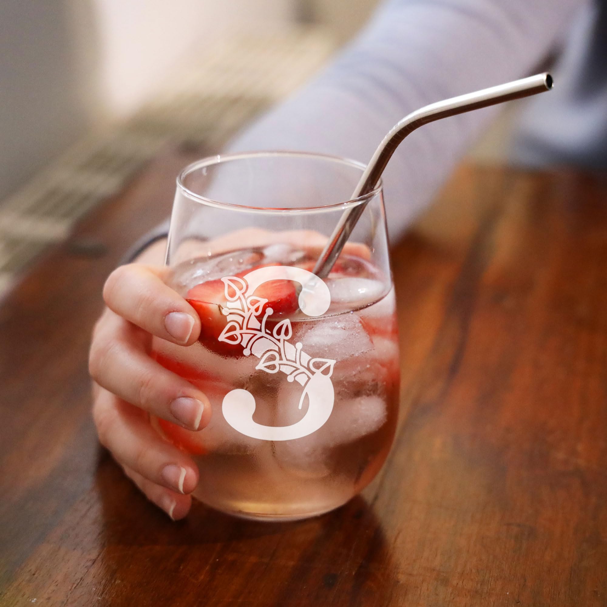 S Monogram Initial Etched Stemless Gin Glass, Engraved Gift