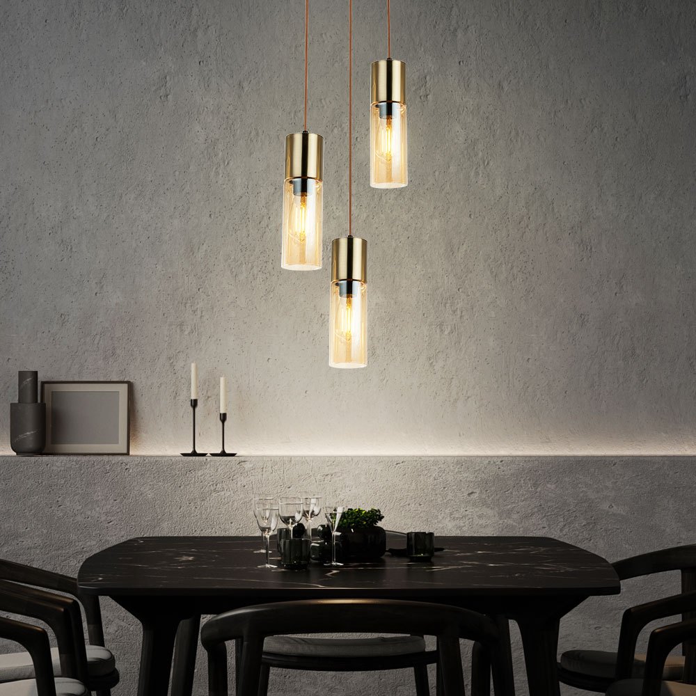 Image of Brass Ceiling Spotlight Pendant Lamp, Cylinder Dining Room Lighting, Glass-amber Hanging Fixture, 21000-3hm