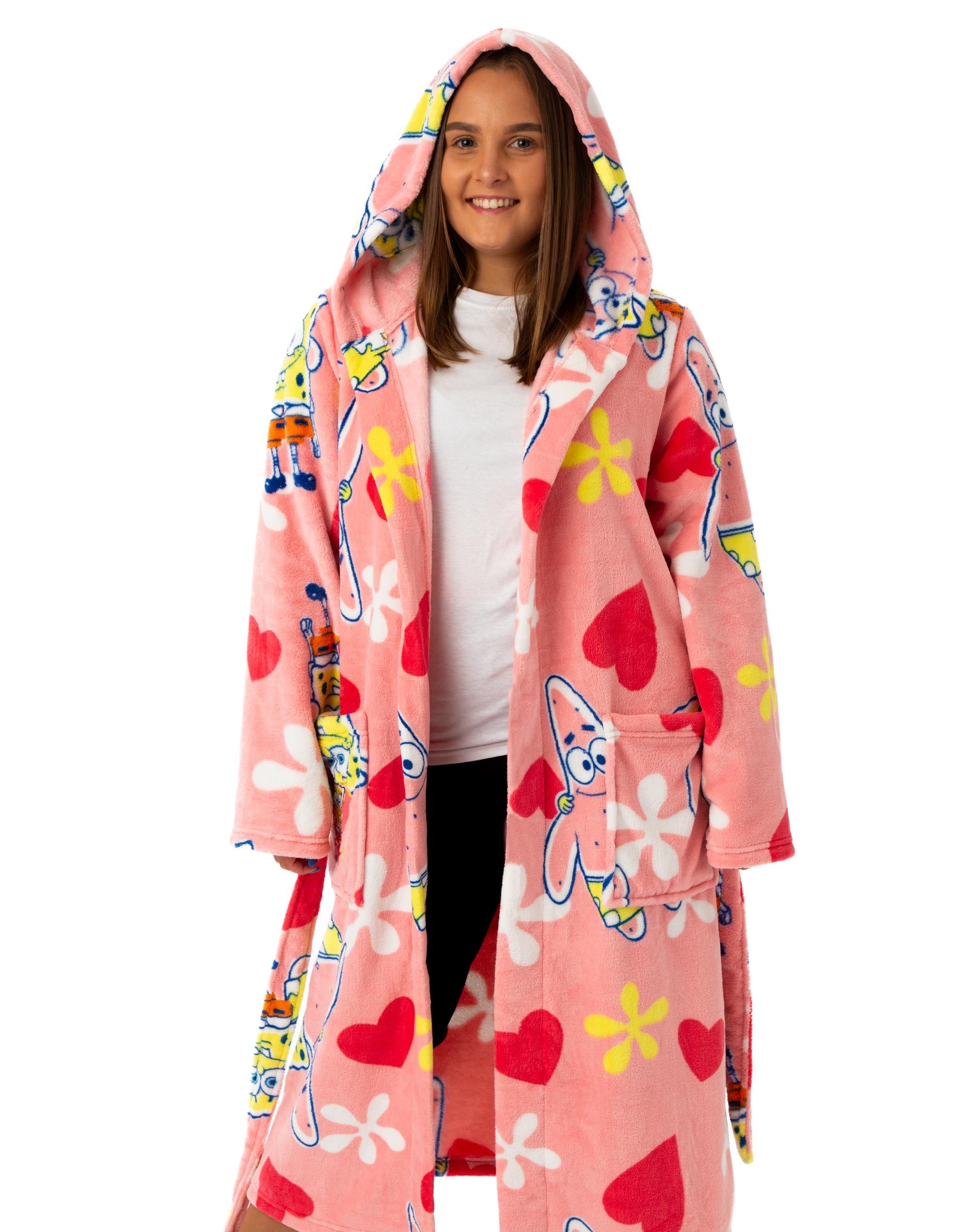 SpongeBob SquarePants Womens Bathrobe | Ladies Pink Dressing Gown | All over Print Sponge Bob & Patrick Loungewear | Cartoon Hooded Toweling Lounge Robe Merchandise Gift for Her