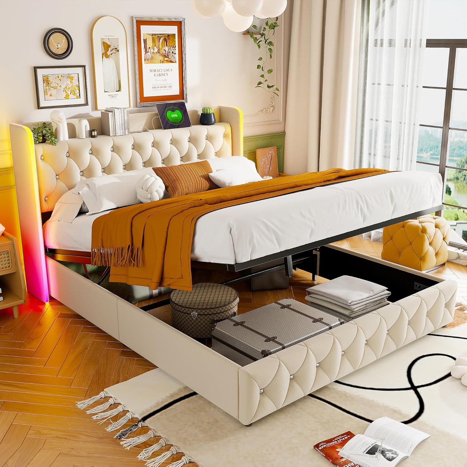 TEMU Coffre- de Noël 160 X 200 Cm, avec LED et USB, cadre de lit avec étais et tête de lit, cadre durable, pour 2 personnes, beige ( matelas).
