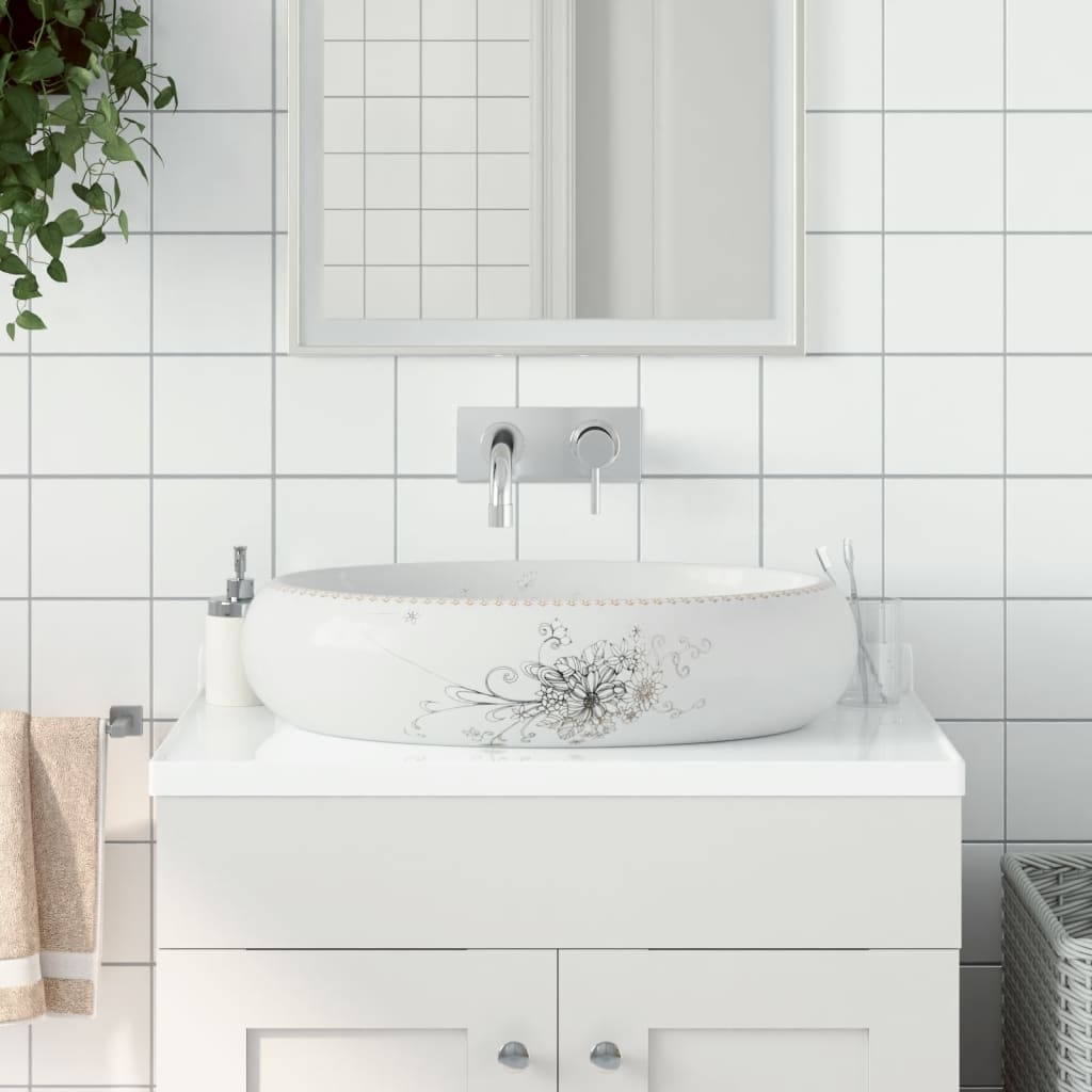 Vidaxl Countertop Sink, Oval Sink With Pattern, Bathroom Vanity Sink, Hand Wash Basin, White 59x40x15 Cm