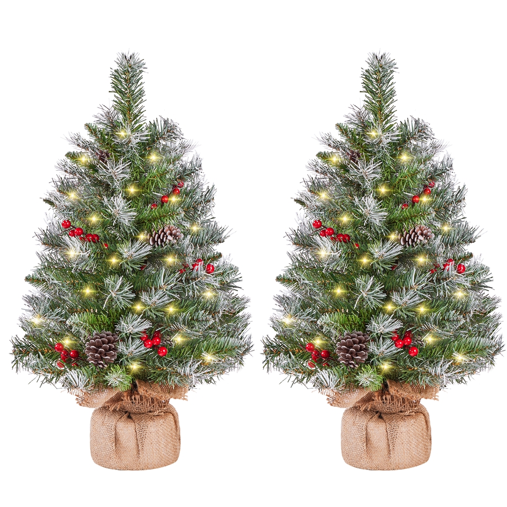 Costoffs 2 Pack Mini Artificial Christmas Tree With Snow . Warm White Led & Red Berries & Pine Cones, Small Christmas Tree Table Tree For Christmas Decoration