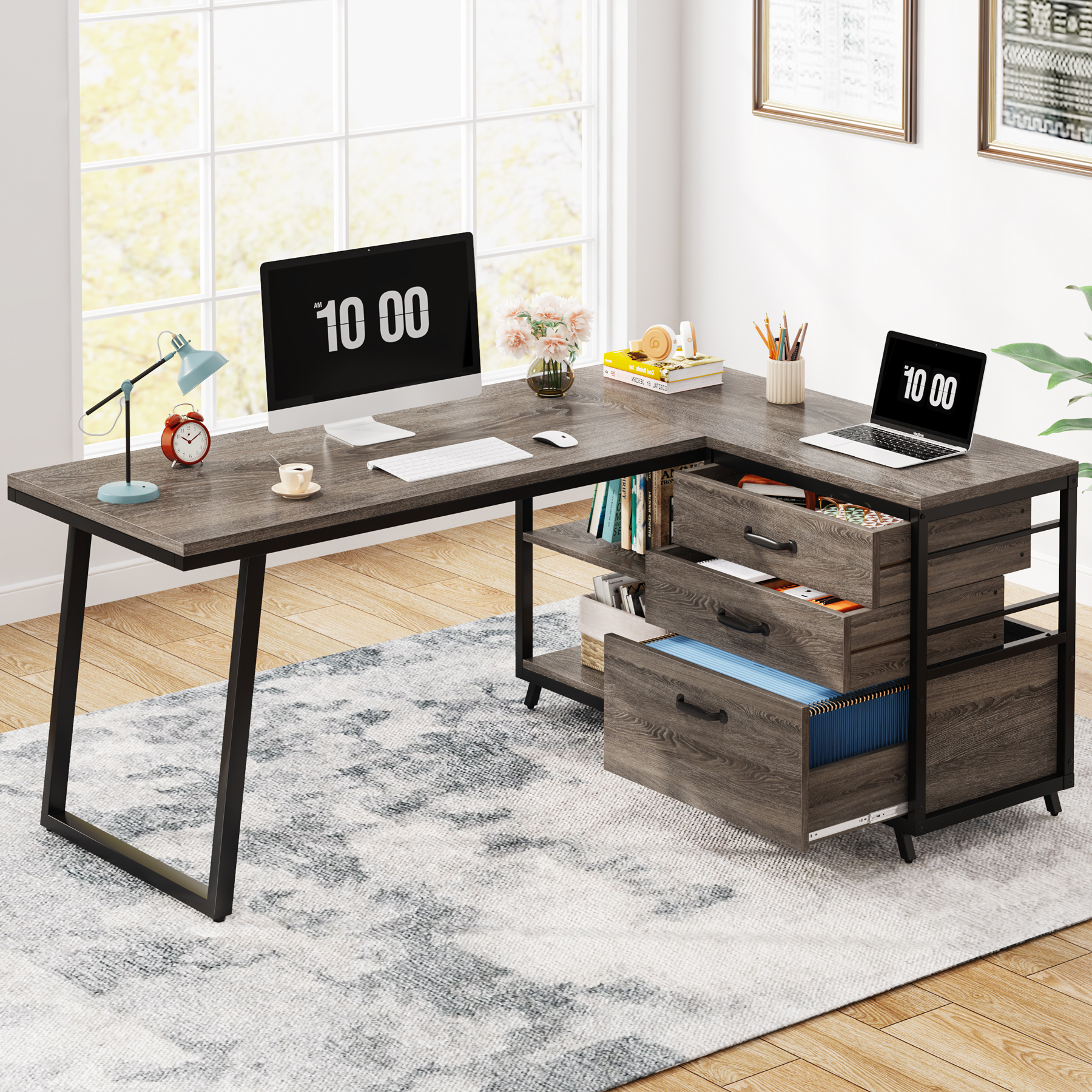 134cm L-shaped Desk With 3 Drawers, Reversible Corner Computer Table With Shelves, Industrial Home Office Workstation In Gray.