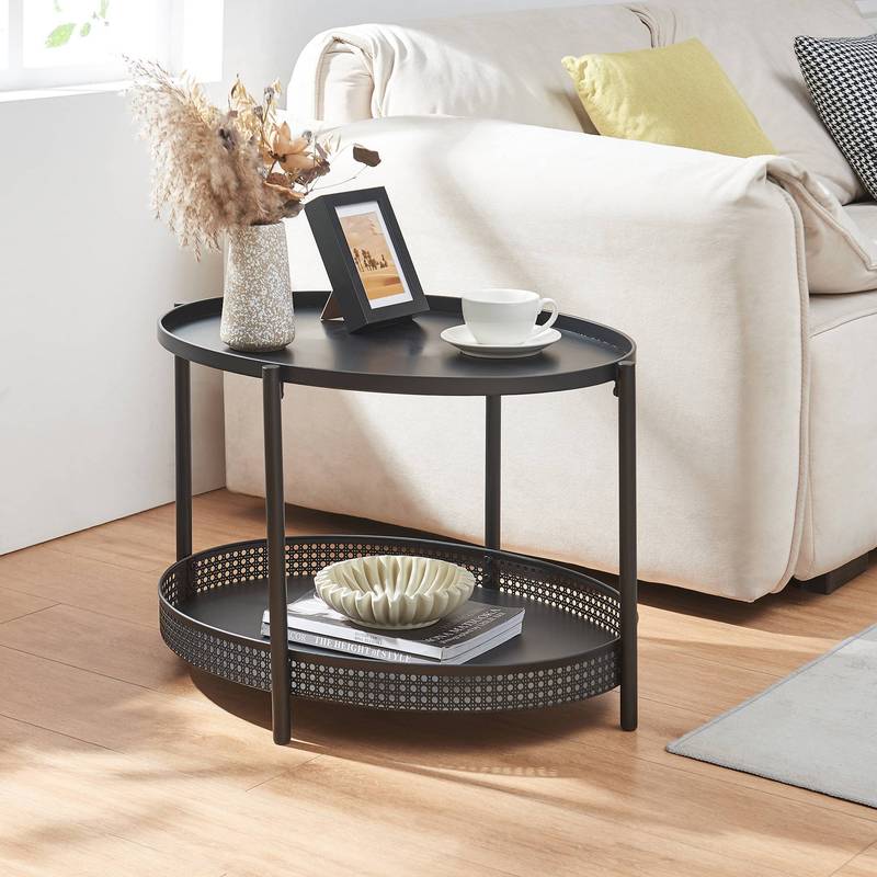 Jäller Oval Metal Coffee Table With Rattan Look, 66 X 51 X 44 Cm