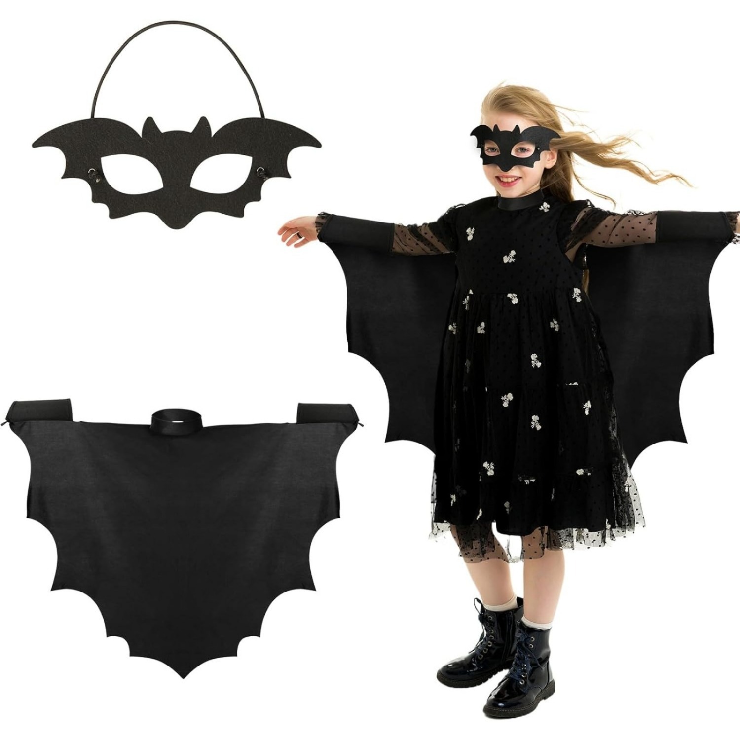 E-shop 2tlg Fledermaus Kostüm Fledermausflügel Umhang mit Maske Schwarz Fledermauskostüm Fledermaus Kostüm für Halloween Karneval Cosplay Mottoparty