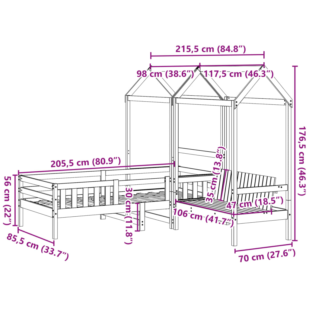 Furniture set, Bed and Bench Set with Roof without Mattress White 80x200 cm