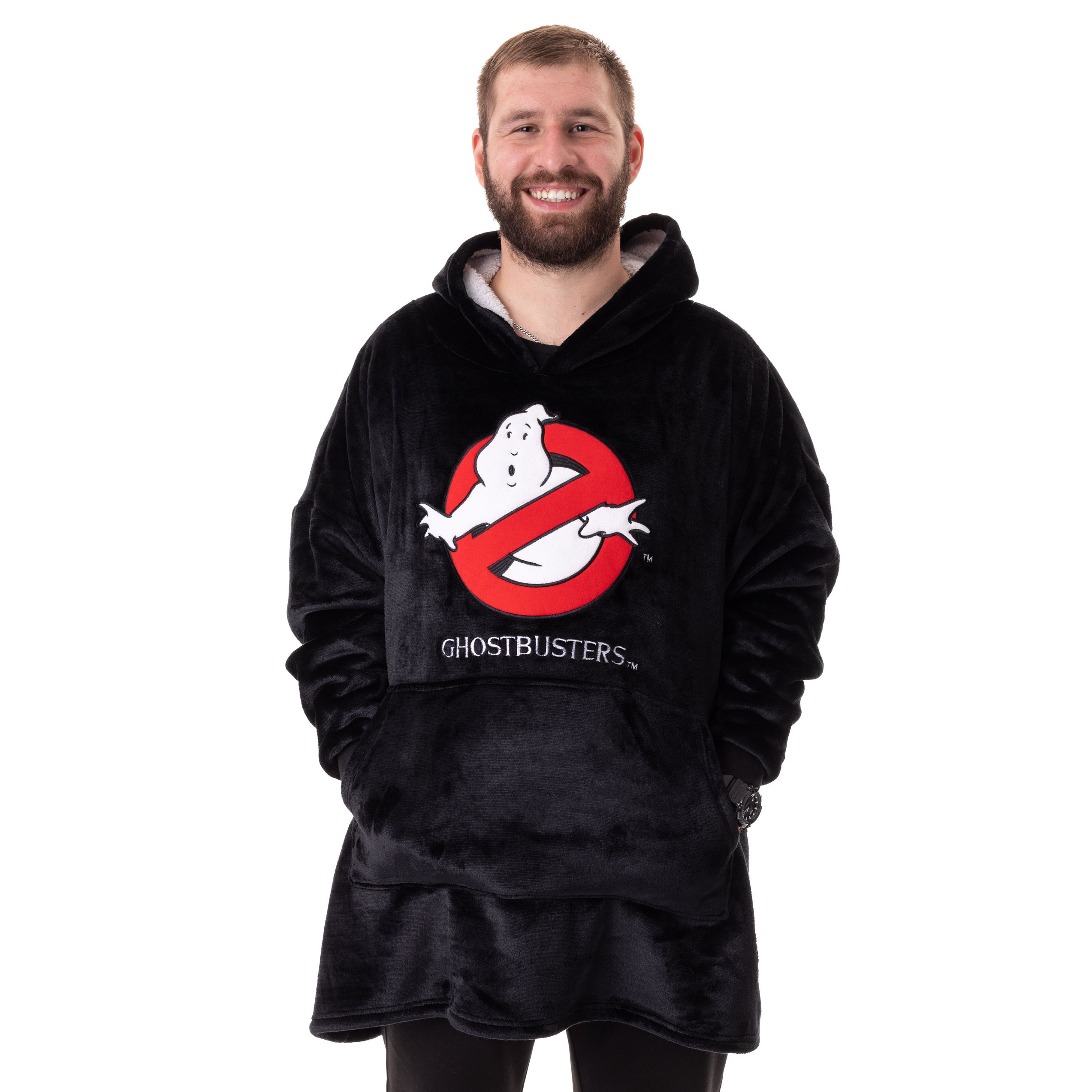 TEMU Ghostbusters Mens Wearable Blanket Hoodie | Adults Hooded Pullover In Black With No Signs Graphic Print | Sherpa Lined Loungewear With Pockets | Spooky Holiday Gift