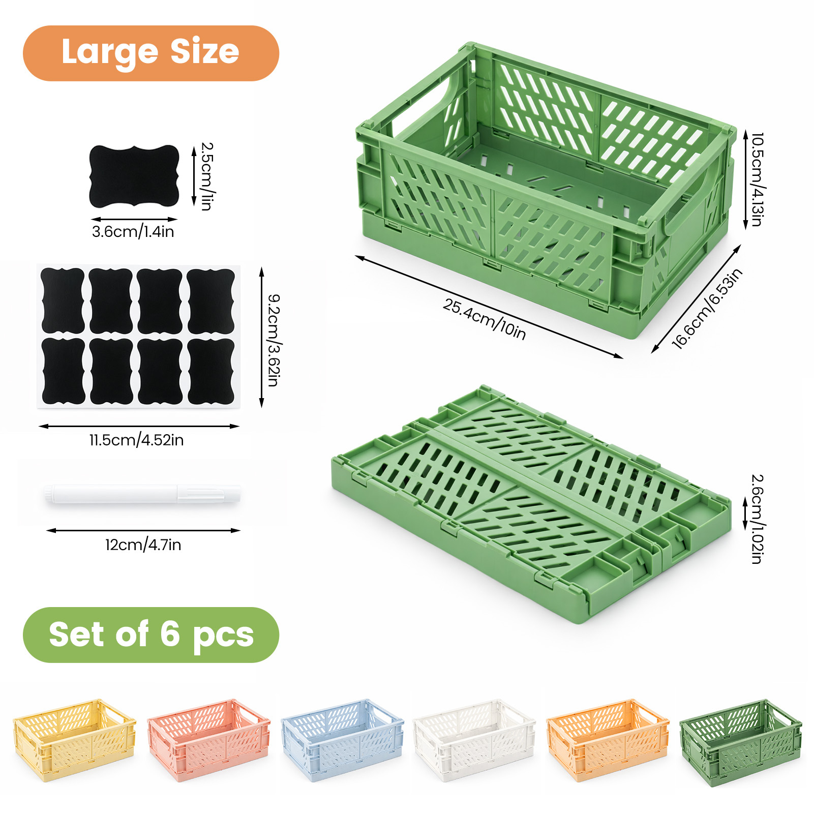 6-Pack Collapsible Storage Crates with Labels & Marker for Easy Organisation