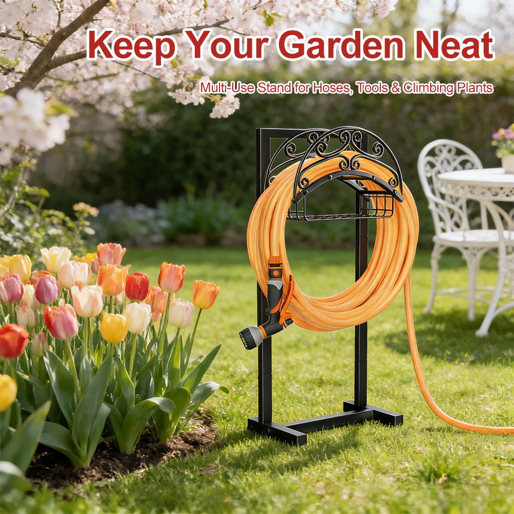 Image of Garden Hose Holder – Water Hose Reel Stand With Storage Basket Holds 150ft, Heavy Duty Freestanding Garden Hanger Storage Rack For Outside Yard Lawn Farm, Garden Bracket