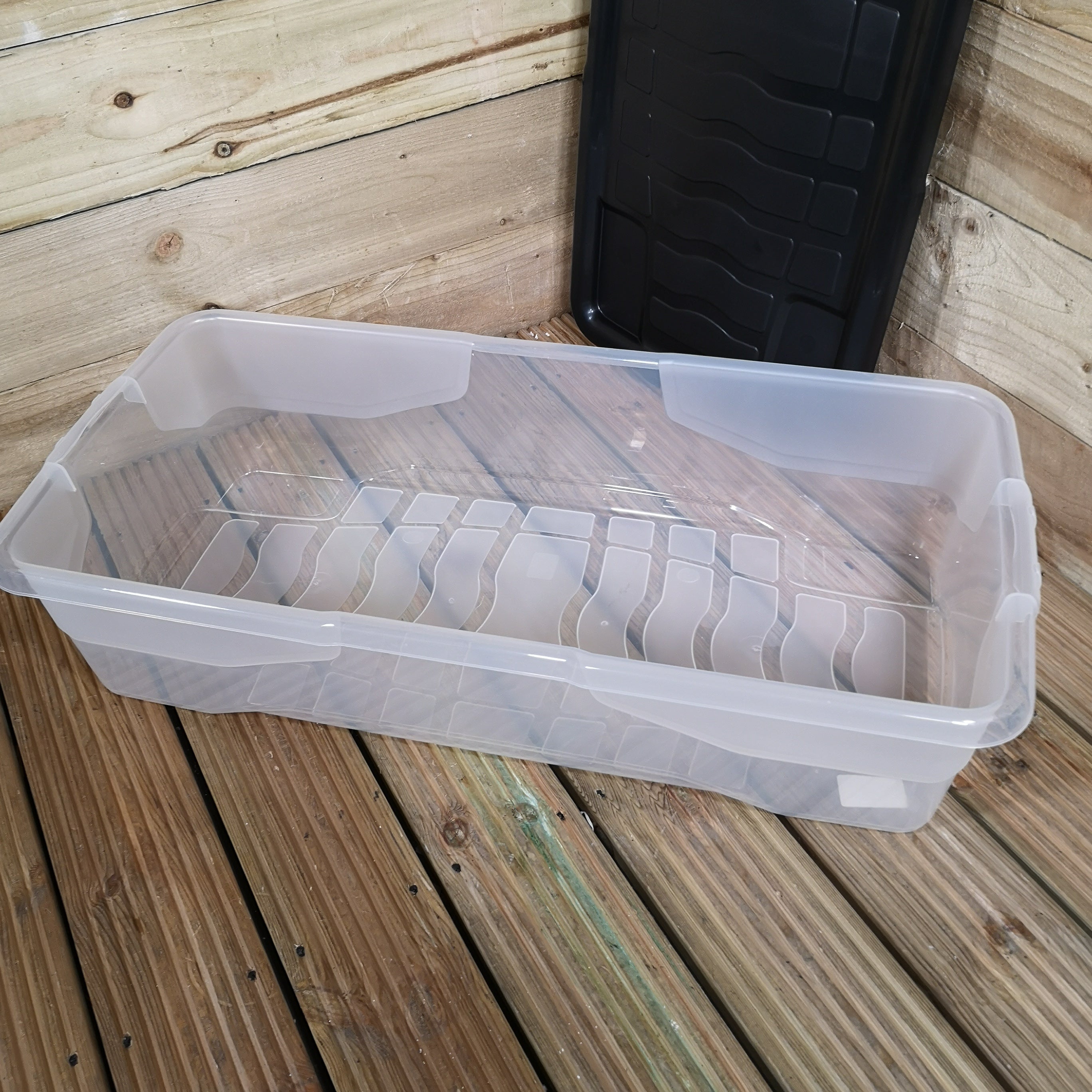 42L Clear Under Bed Storage Box with Black Lid, Stackable Design
