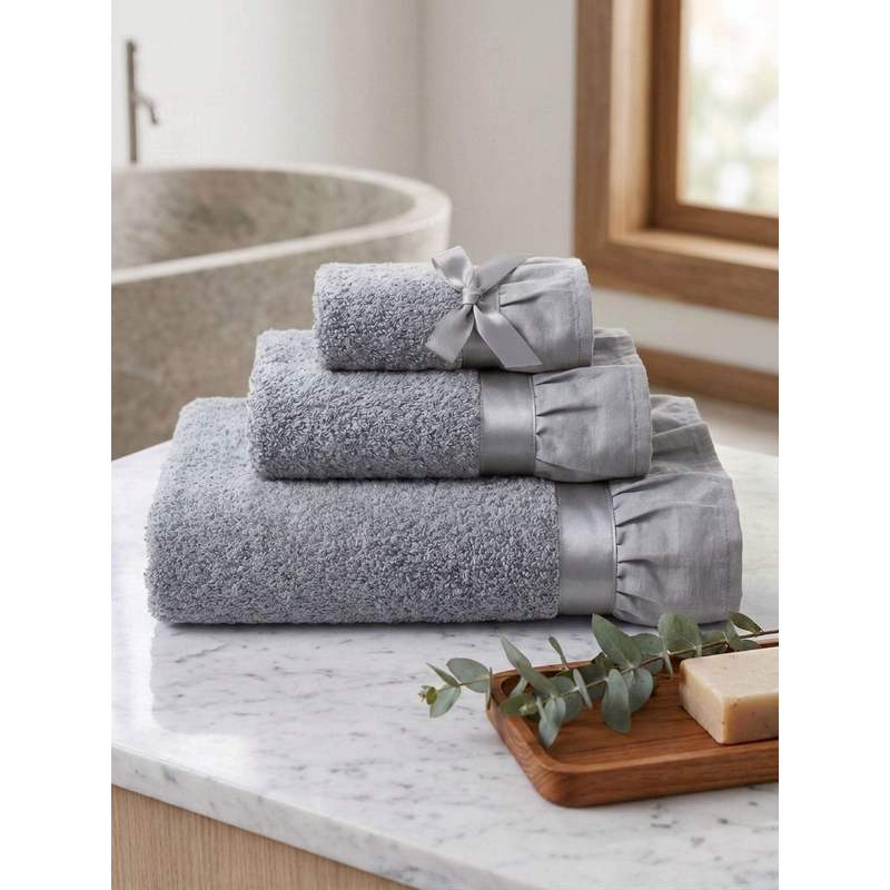 TEMU Set Asciugamani Bagno 3 Pezzi in Morbida Spugna 500 gsm, Design Elegante con Balza Volant Shabby Chic. Asciugamano (50x100), Asciugamano Ospite