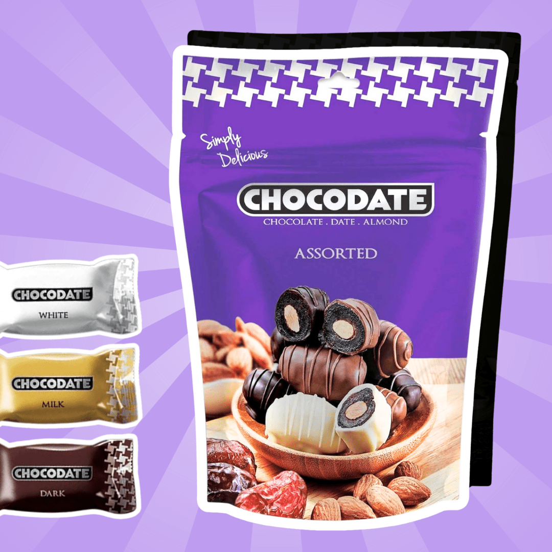 Chocodate Assorted – Dates With Milk, Dark & White Chocolate & Almonds (90g)