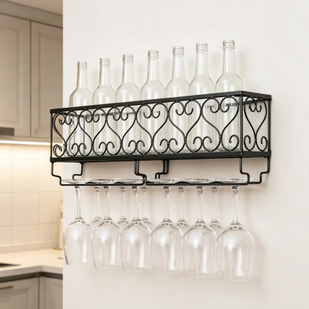 Image of Wall Mounted Wine Rack With Glass Holder, Vintage Black Metal Hanging Stemware Organizer, Space Wall Bar Shelf For Room Home Bar, 50x10x17cm
