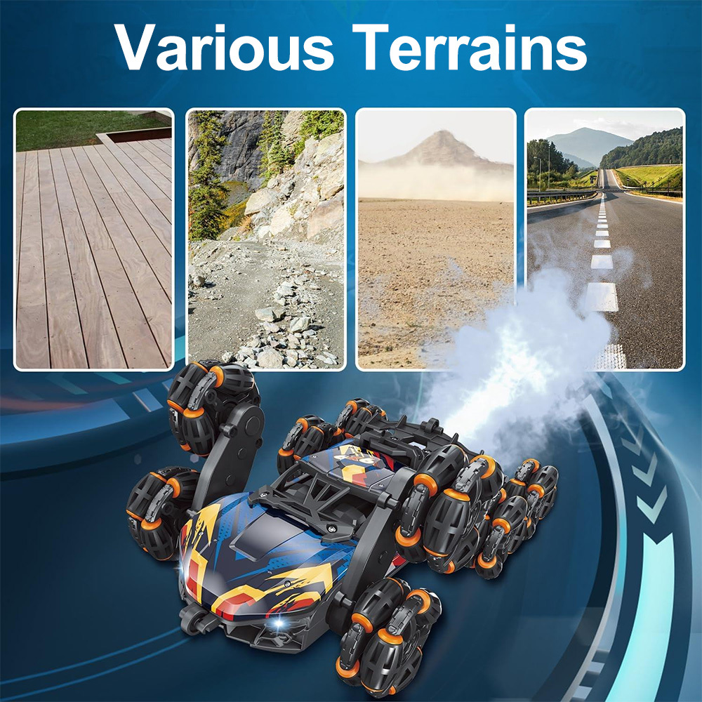 1 pcs 8 wheel elegant stunt climbing car portable remote control racing toy 2 4ghz high speed all terrain off road electric toy car 500mah large battery durable alloy body cool remote control car with spray sand grass rock slate road all terrain   ideal christmas halloween birthday gift for boys and girls