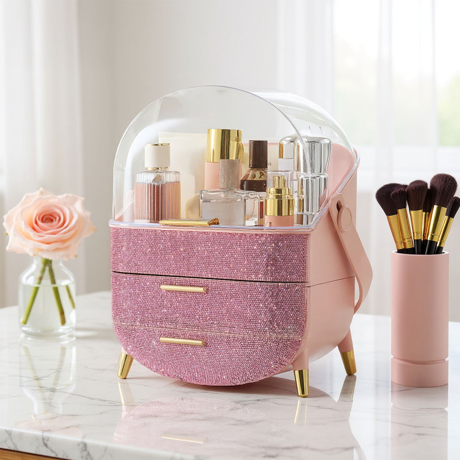 TEMU Rhinestone Pink Oval Portable Makeup Display Box, Preppy Style Egg-shaped Vanity Organizer For Cosmetics, Skincare Storage Case And Desktop