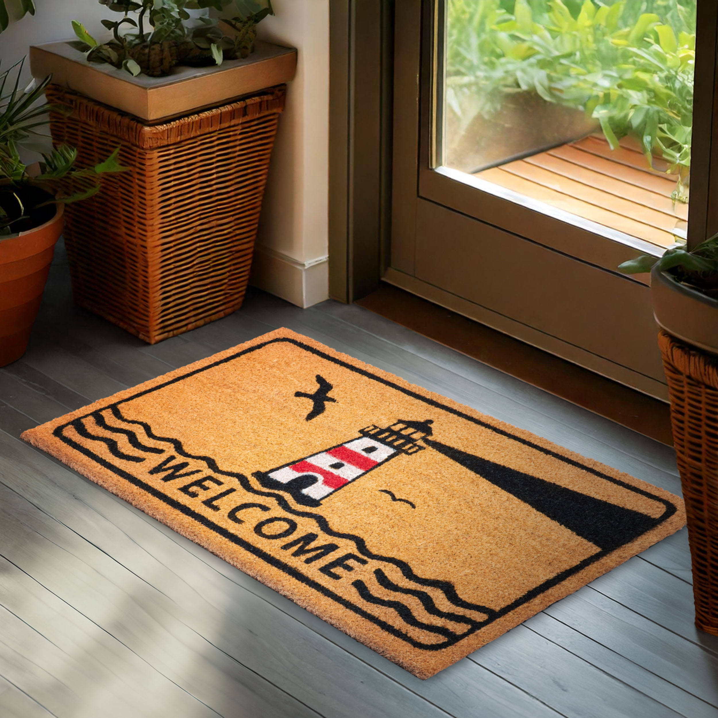Image of Brubaker Doormat - Welcome With Lighthouse - 45 X 75 Cm Coconut Fiber Dirt Trap Mat - Nautical