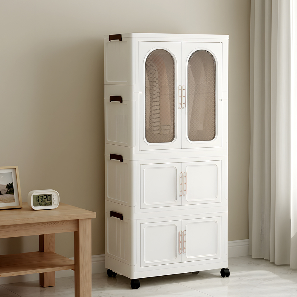 TEMU 3 Tiers Portable Clothes Wardrobe With Single Rod Hangers, Large Capacity Foldable Plastic Clothes Cabinet With 6 Doors And 4 Wheels, Mobile