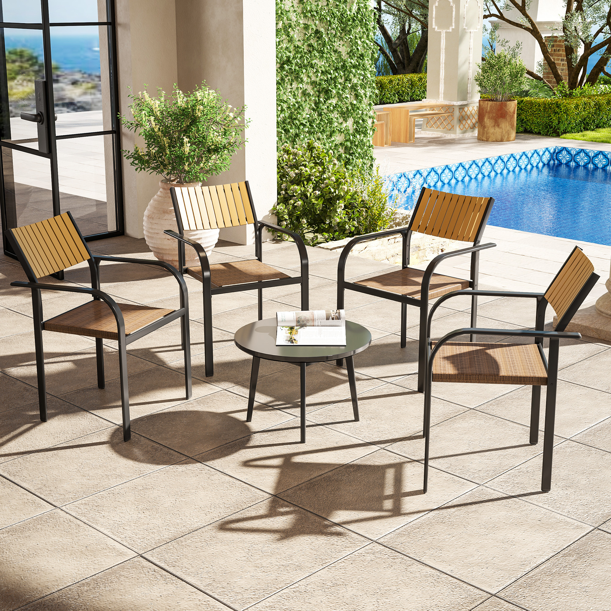 Set Di 2 Sedie Da Giardino Impilabili In Tessuto Traspirante E Telaio Acciaio – Marrone, Per Esterno, Cortile E Veranda