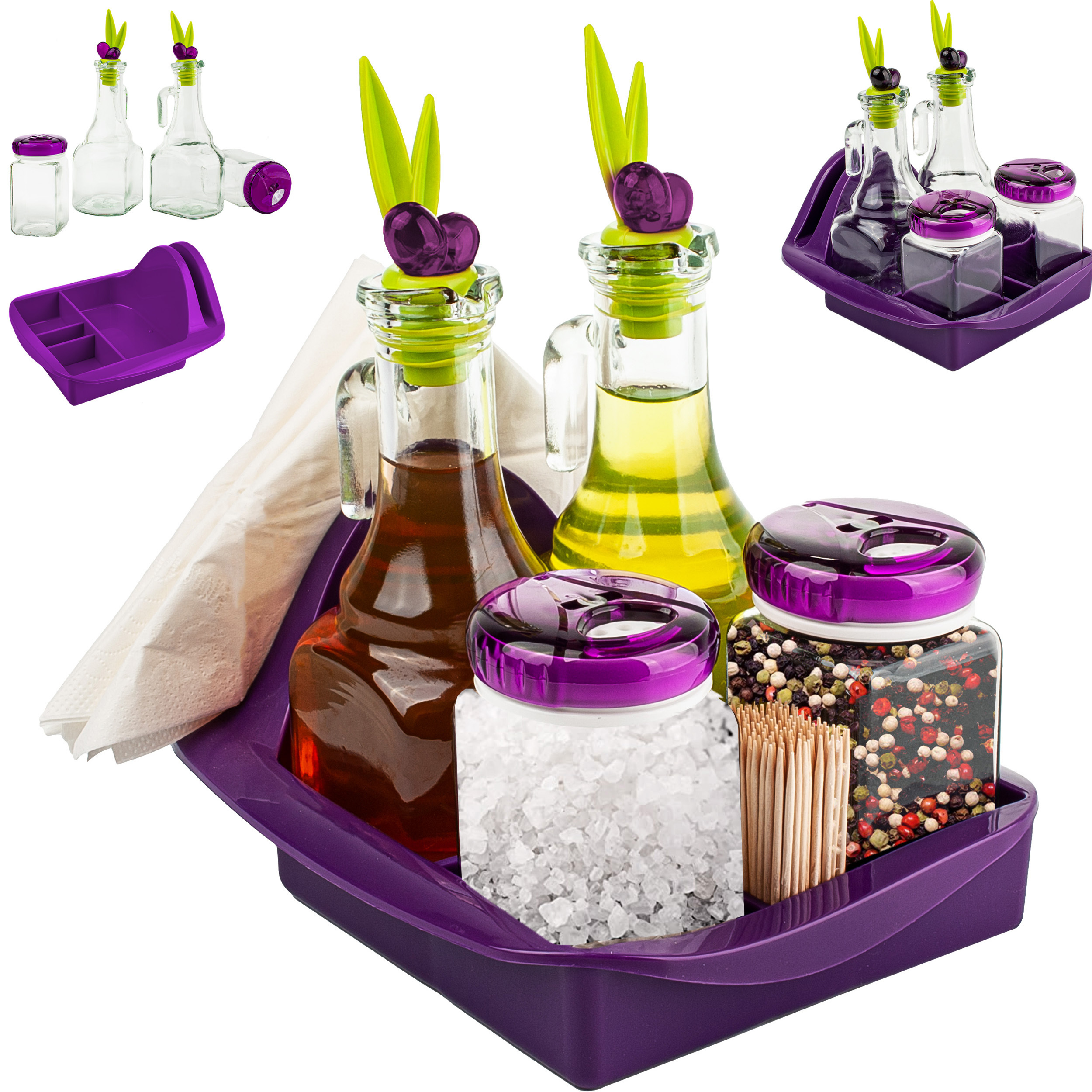 Image of Table Setting With Tray / Dinner Set - Glass Bottles For - Oil & Vinegar + Salt- & Pepper Shaker - Purple / Violet - Oil Bottle / Vinegar Bottle - Serving Set - For Dining...
