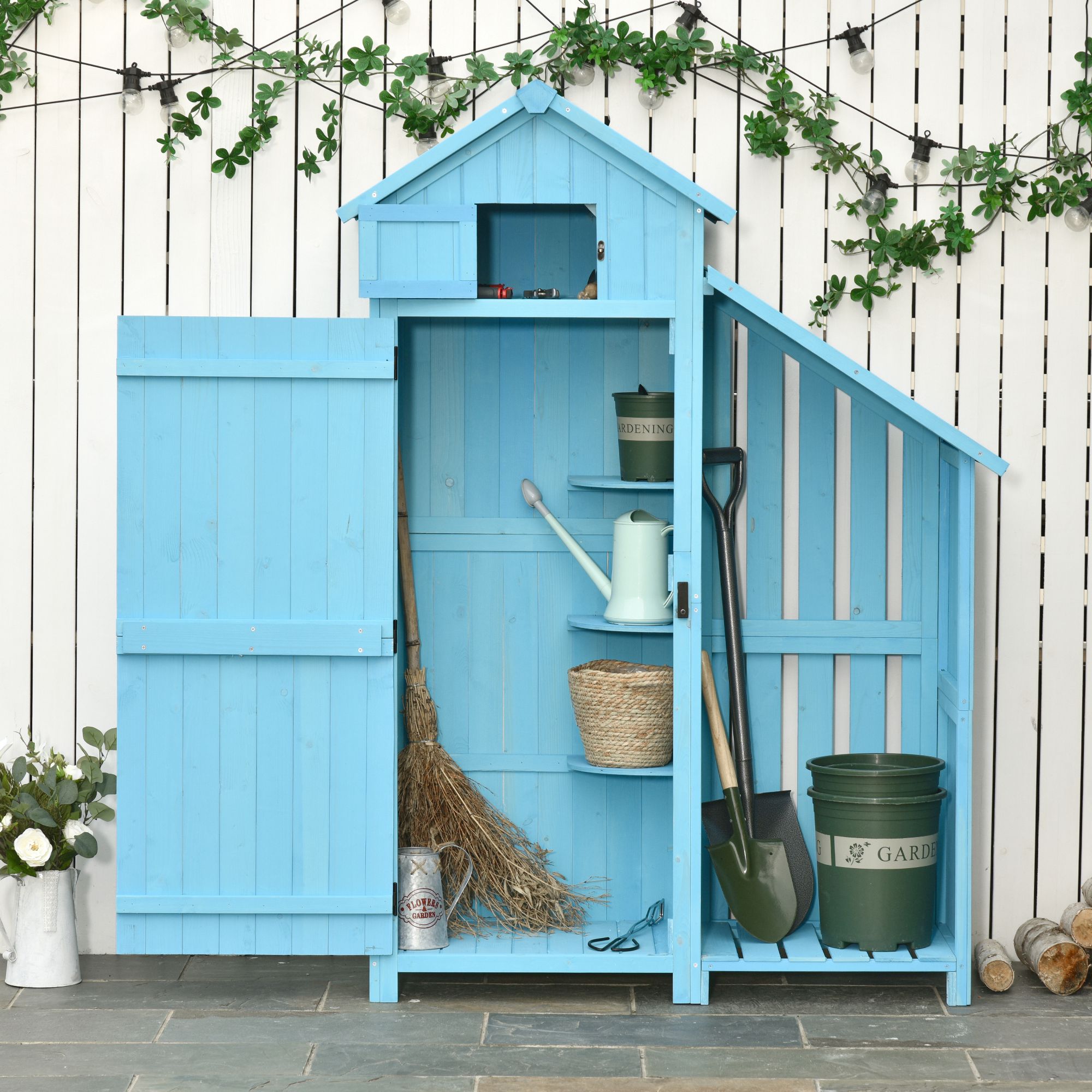 Image of Garden House Tool Shed With Firewood Storage, Tool Shed With 3 Shelves, Asphalt Roof, Fir Wood Sky Blue 130 X 54.5 X 180 Cm, Multipurpose Vintage Design, Weather Resistant, Lockable Door, Slanted Roof