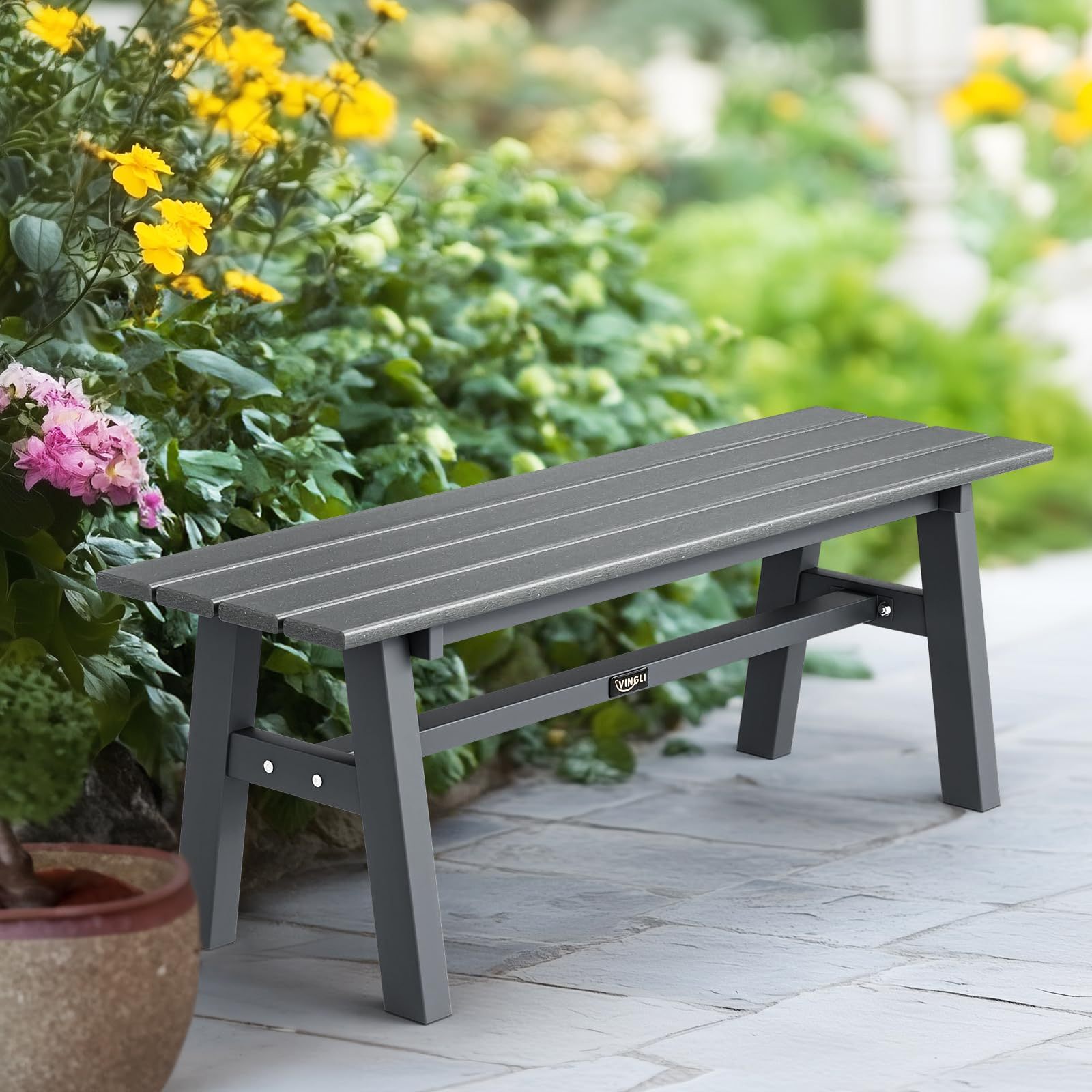 Image of Bonnlo Hdpe Bench, Weather-resistant Garden Bench With Metal Legs, Dining Bench Without Backrest, Garden Furniture Supports Up To 300kg, Modern Bench For Garden, Hallway, Dining Room, 118cm (grey)