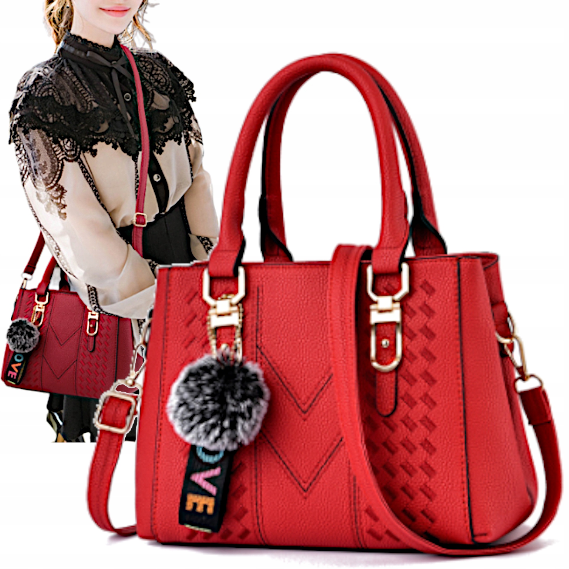 Image of Elegant Red Leather Women's Shoulder Bag With Adjustable Strap, Spacious Briefcase For Daily Use, Featuring Pockets And Zipper Closure