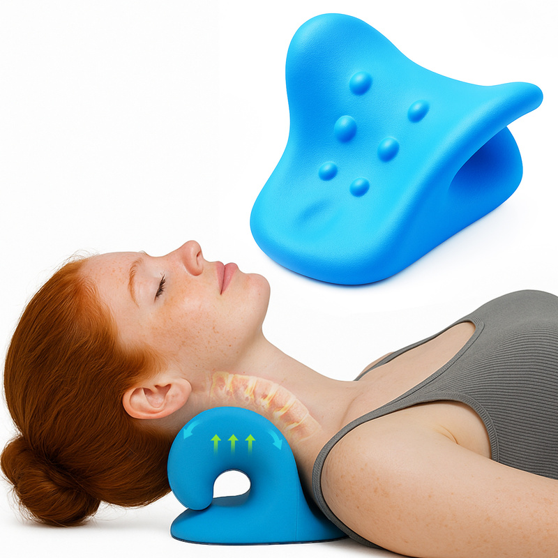 Image of Neck Stretcher Traction Pillow - Neck Traction Device, Neck Pain, Relaxation, Rehab, Massage , Bodybuilding, Strength Training, Fitness, Eva Foam, Compact 22 X 17.5 X 12.5 Cm, Unisex, Blue