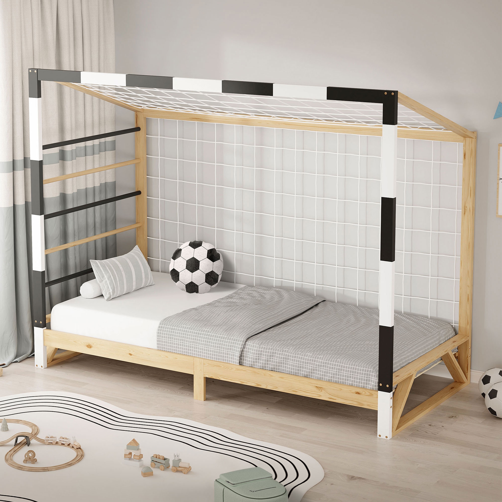 Image of Ml-design Children's Football Goal Bed, Wooden Bed With Slatted Frame, Climbing Ladder & Net, Youth Bed Made Of Pine Wood, Single Bed For Kids, Bed Frame For , Football Goal Bed