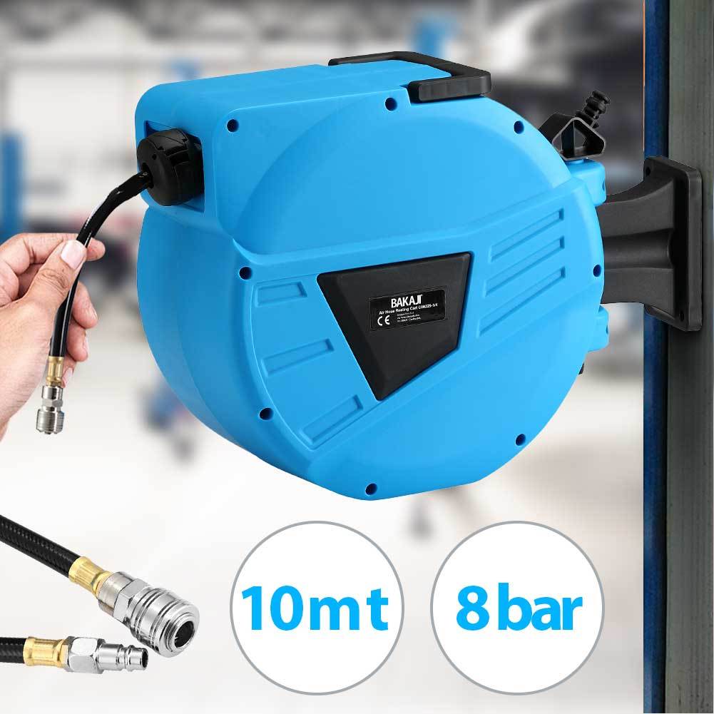 TEMU BAKAJI Avvolgitubo Aria Compressa con Tubo 10 mt Attacco 1/4" Fissaggio a Parete Muro automatico, Salvaspazio Accessorio Compressore Aria