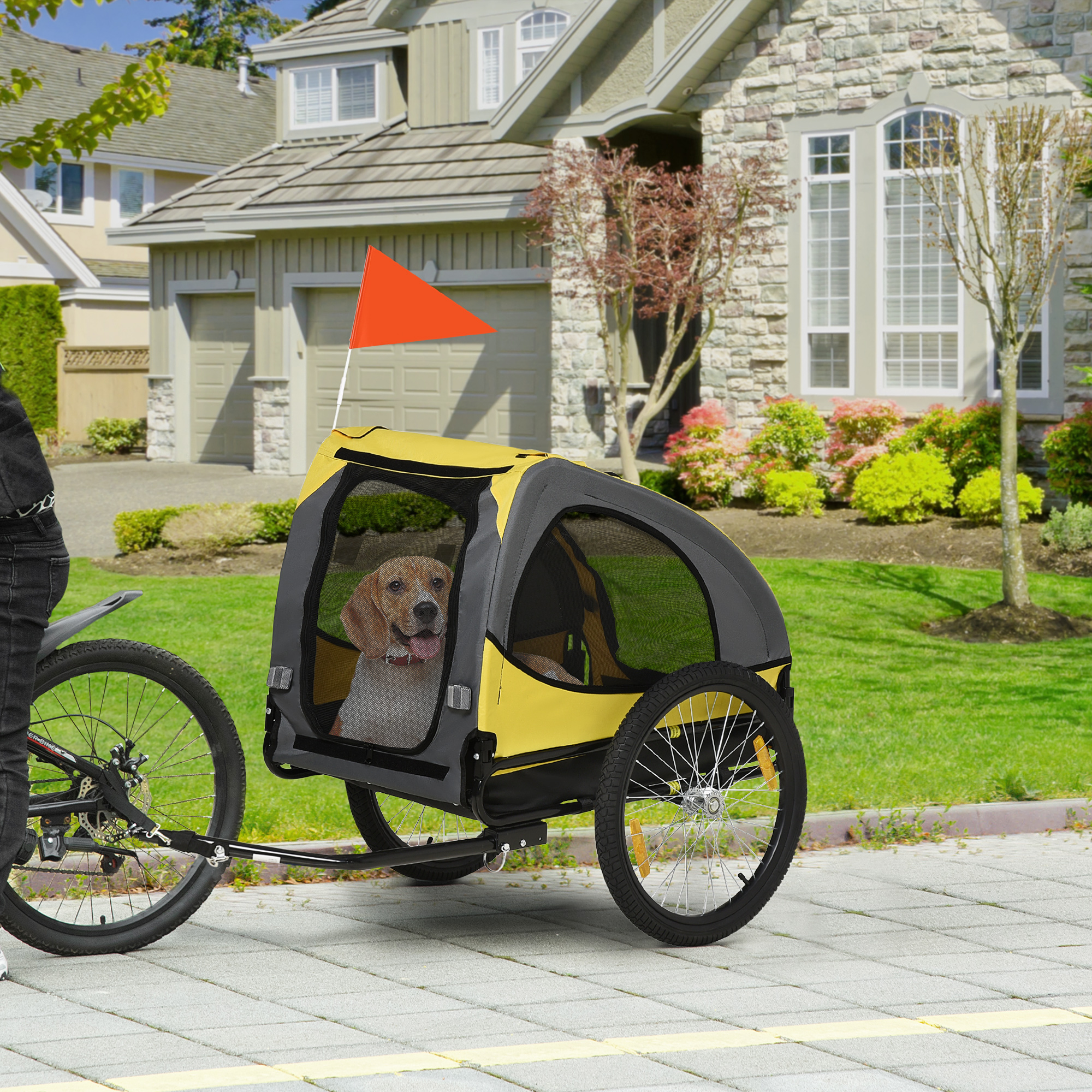 Foldable Dog Trailer Bicycle Trailer For Dogs With Safety Leash, Reflectors, Flag, Storage Bag For Dogs Up To 30 Kg Yellow