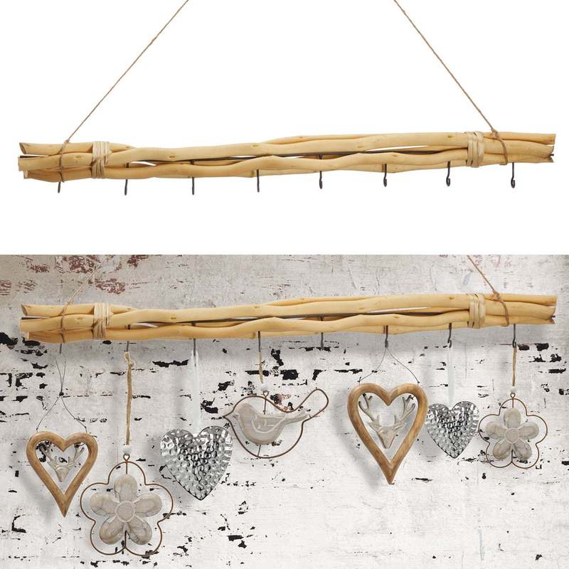 Decorative Branch Bundle, Natural, With 8 Metal Hooks, 80cm Wooden Rod With Jute Rope