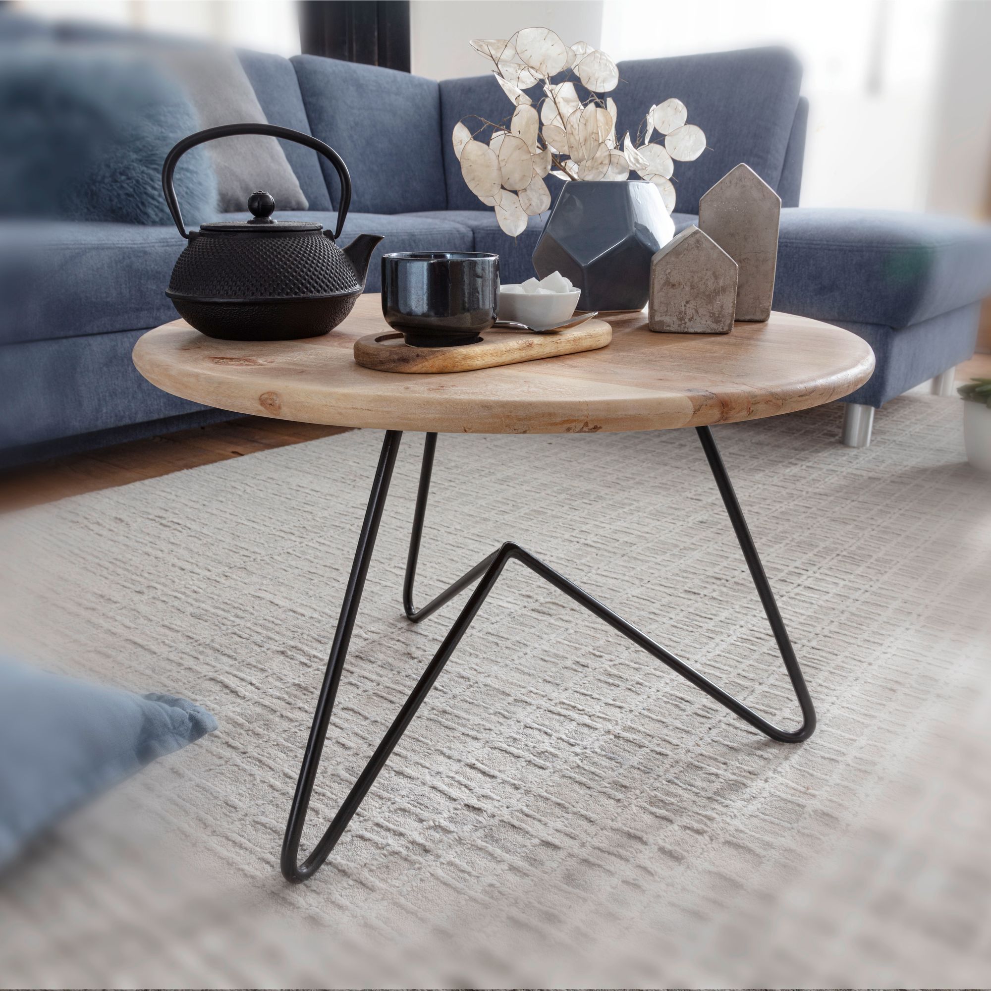 Image of Coffee Table 60x39.5x60 Cm Acacia Solid Wood / Metal, Round Design Living Room Table, Solid Coffee Table, Small Living Room Table