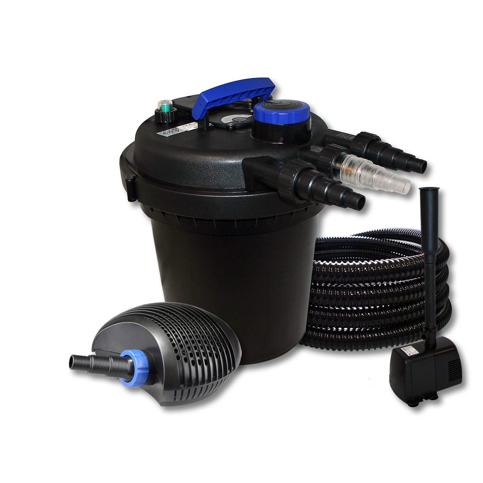 Sunsun Complete Set: Cpf-250 Pond Pressure Filter For Up To 10,000 L With 11w Pond Clarifier, Ctf-3800 Pond Pump 3600l/h 20w, 25m Pond Hose 25 Mm (1"), Hj-943 Eco Fountain Pump 800l/h 16w