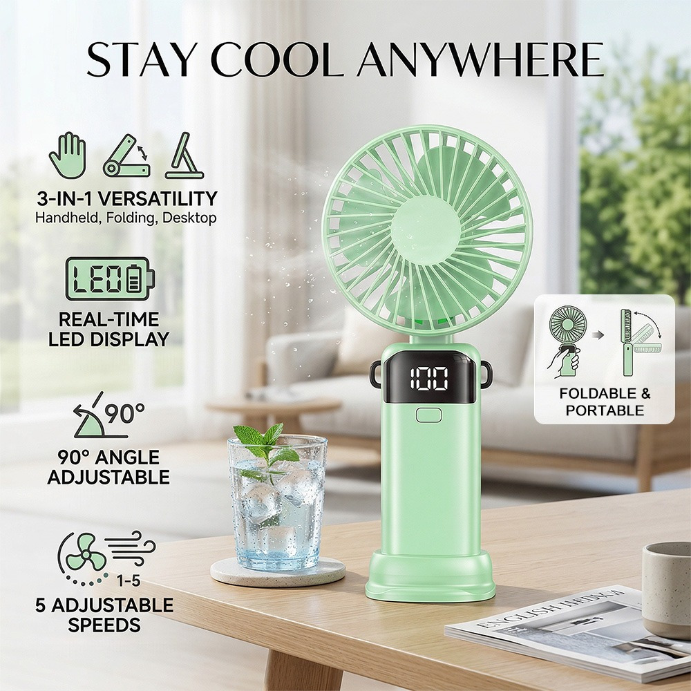 TEMU Mini ventilateur portable, ventilateur de bureau pliable rechargeable équipé d'une lanière, 5 vitesses de vent réglables et affichage numérique